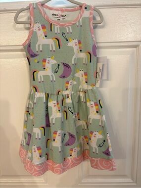 Ann Loren Mint Unicorn Print Dress with Pink Trim and Rainbow Accents